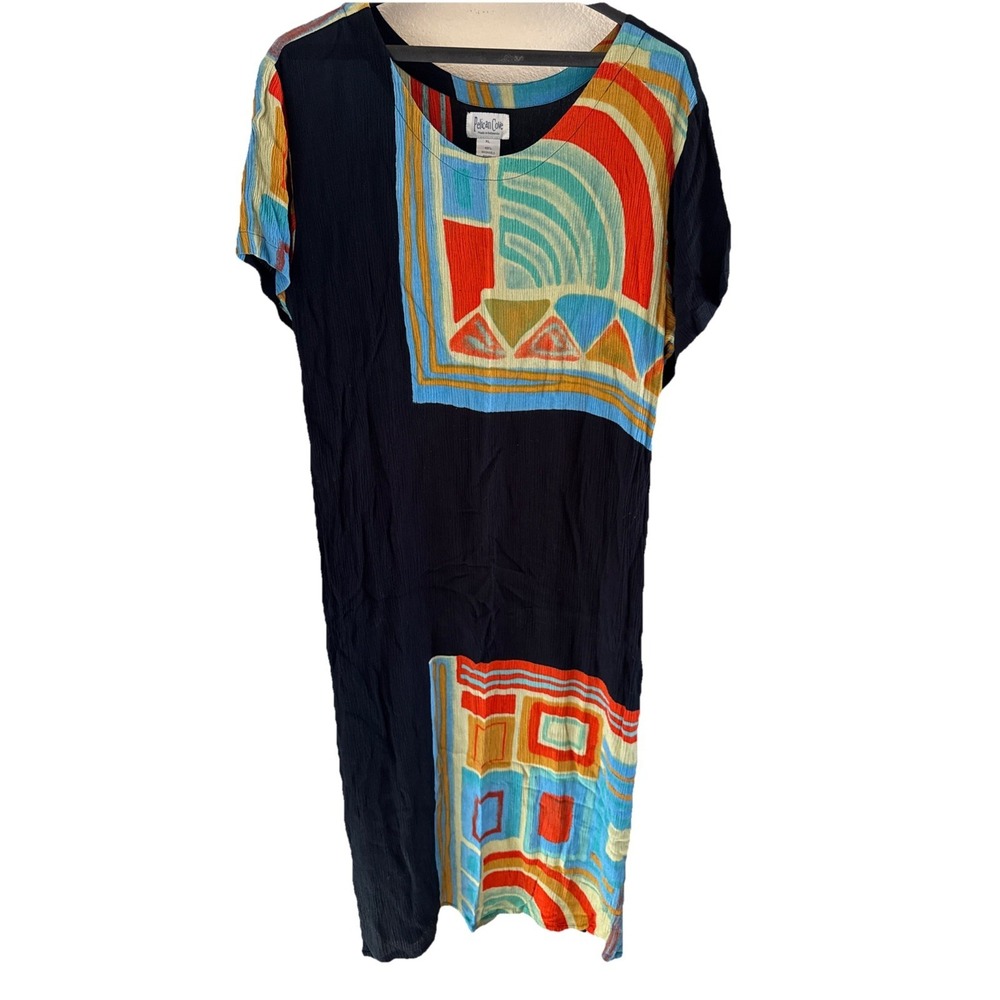 Vtg Pelican Cove Womens Maxi Dress Y2K Washable Rayon Crinkle Coastal Beachy L